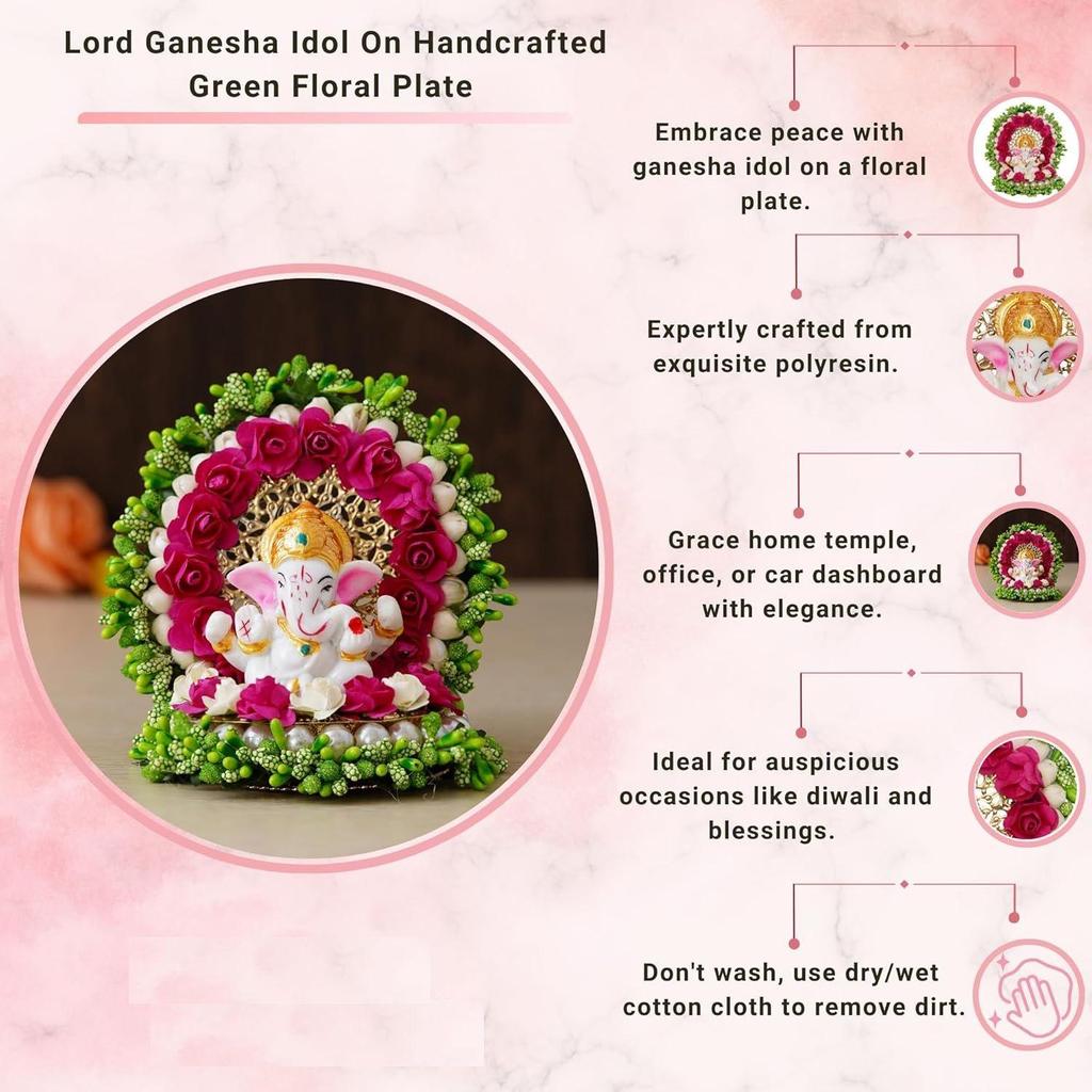 Resin Lord Ganesha Idol On Decorative Green Pink Floral Plate| Ganesha Idol for Home Decor Car Dashboard| Ganesha Statue