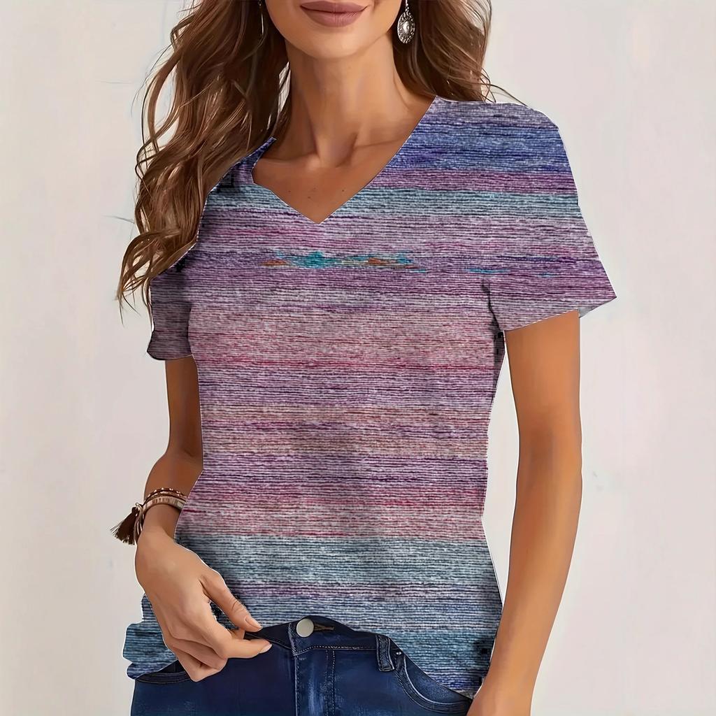 Blumen-Streifen-Print V-Ausschnitt Kurzarm T-Shirt Vielseitiges Bequemes Modisches Lässiges Damen T-Shirt