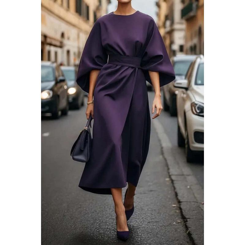 Damenkleidung Europäische und amerikanische Mode Temperament Elegantes einfarbiges Taillenkleid Lässiges Fledermausärmel-Langkleid