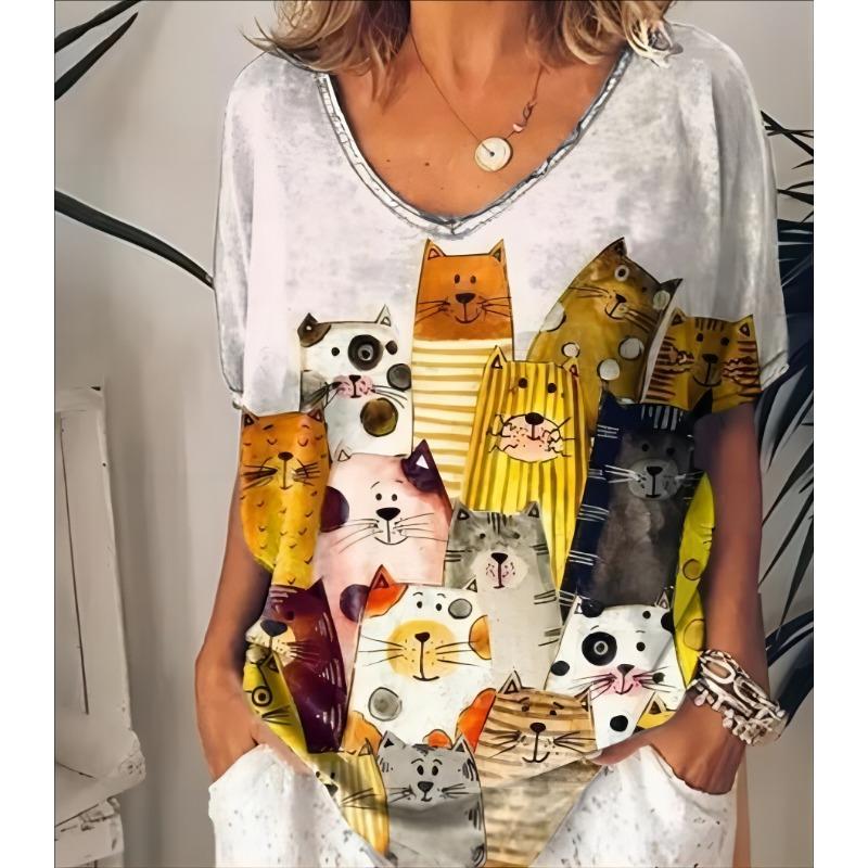

Oversized Plus Size Tee for Women: 3D Adorable Cat V-Neck, Summer Fashion Streetwear, Breathable Casual 5XL