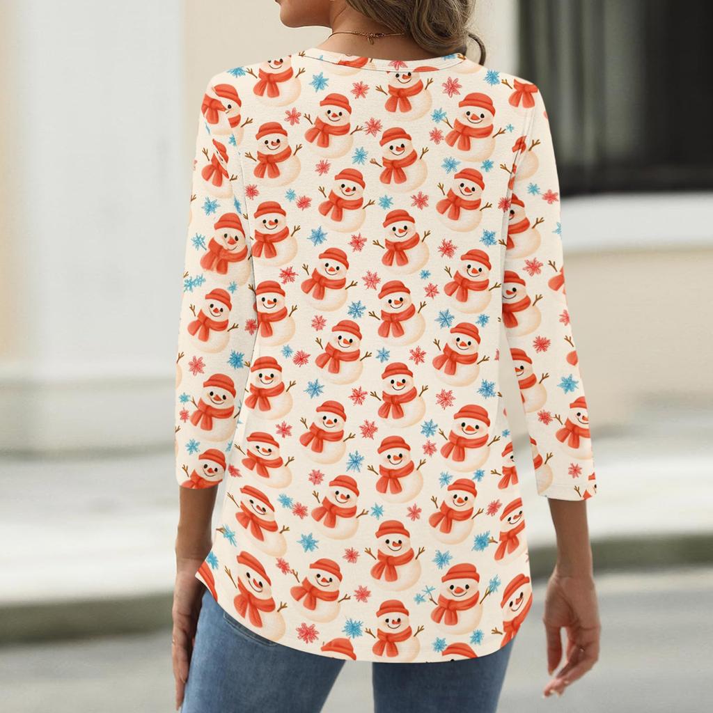 Women's Casual Christmas Print V-Neck 3/4 Sleeve Button-Front T-Shirt