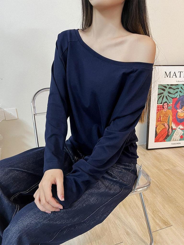 Zhang Jingyi Style Black Off-Shoulder Short-Sleeve Summer T-Shirt for Women - Slimming, Chic, Loose Fit, Diagonal Collar.