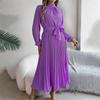 Women Long Sleeve A Line Dress High Waist Stand Collar Pleated Solid Long Dress Autumn Winter Sizes S To XXXL