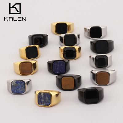 Domineering Retro Amber Stone Jewelry, Trendy Stainless Steel Square Black Agate Men'S Ring Straight Batch