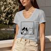 Summer Women's Regular Fit V-neck Short-sleeved T-shirt, Regular Length, Women's Top with Two Cat Prints.