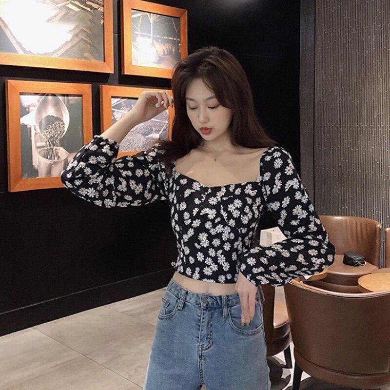 Crop Top Blusas Long Sleeve Print Women 
