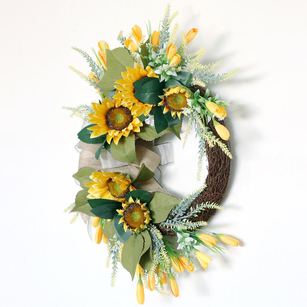 22'' Artificial Sunflower Wreath for Front Door Summer Wreath with Burlap Bow Silk Flower Wreath with Leaves for Home Decoration