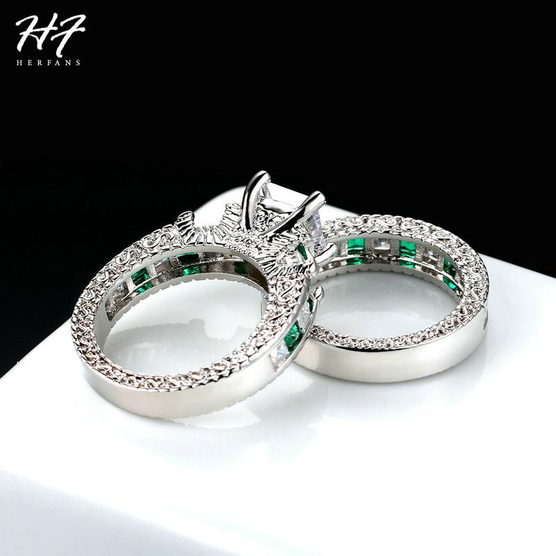 HERFANS New Luxury Fashion CopperColor 2 Pieces Ring Sets Square Green Cubic Zirconia Engagement Rings For Women R607