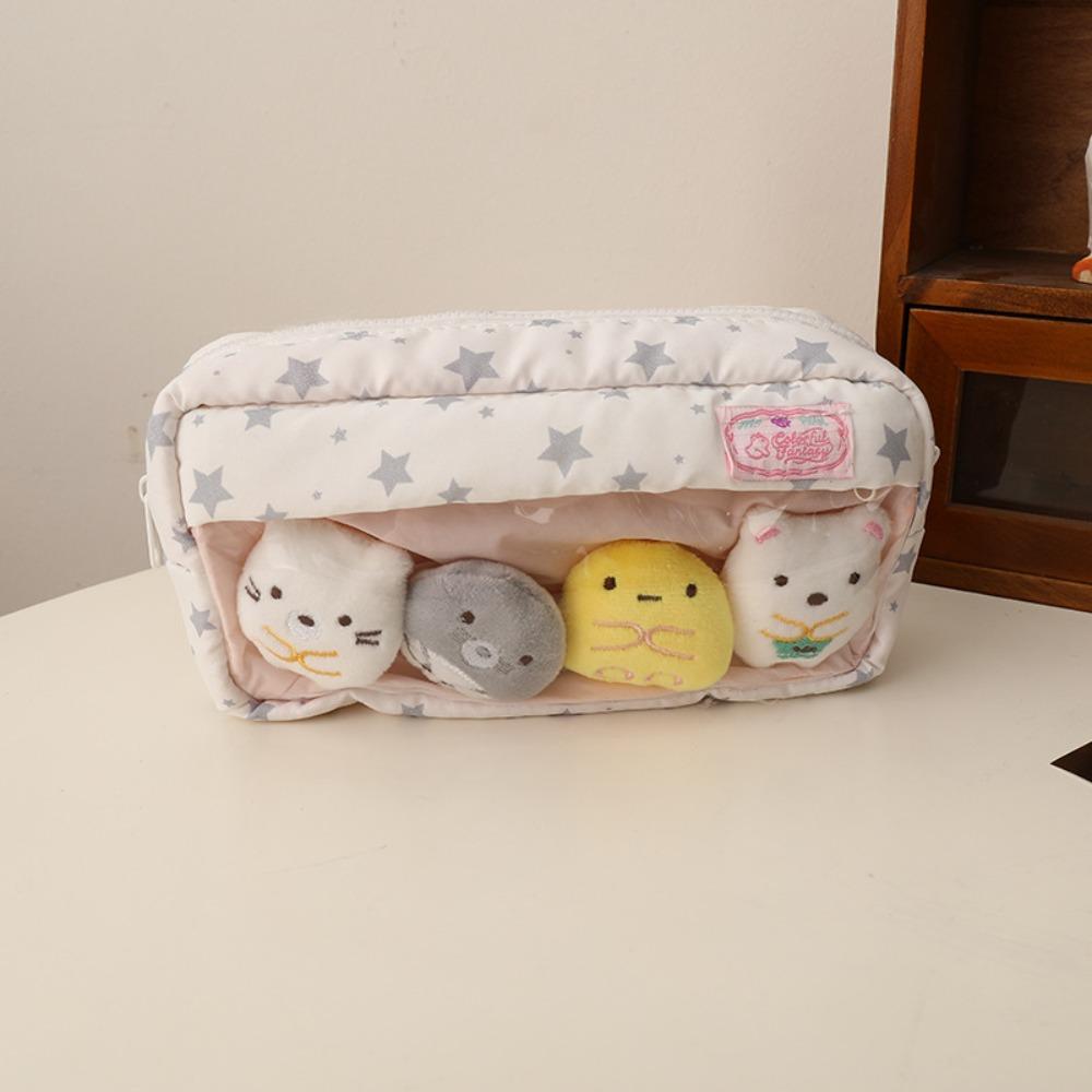 

Star Pattern Handheld Pen Bag Large Capacity Stationery Bag Simple Stationery Organizer Gift White star with 4pcs dolls