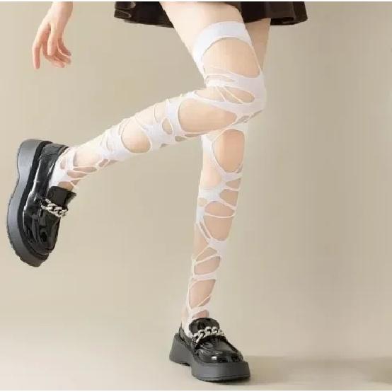 Punk Hollow Fishnet Stockings for Women Spider Web Torn Strap Holes Tights Girls Lolita Ragged Pantyhose Party Socks Pantyhose