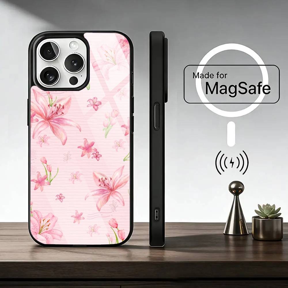Flower P-Pattern Phone Case For iPhone17,16,15,14,13,12,11 Plus,Pro Magnetic For Magsafe Wireless Charging iPhone12PROMAX