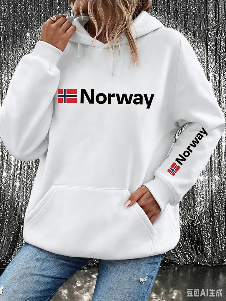 Norwegian flag letter print men's hooded sweatshirt, long sleeves with pockets, casual ethnic style street sportswear.