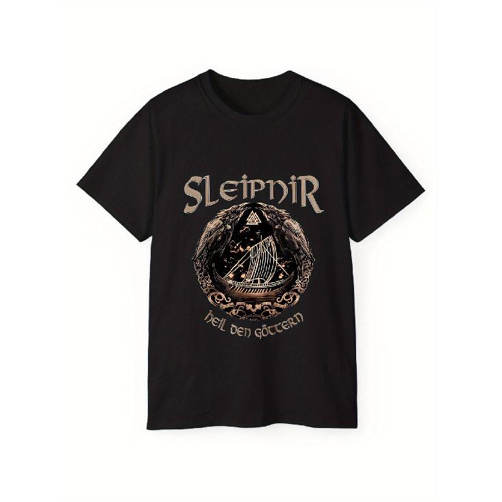 Men S Norse Viking T-Shirt | 100% Norse Rune & Sleipnir Horse Print - Viking Ship & Yggdrasil Tree Design - Breathable All-Season Casual Tee for S чёрный