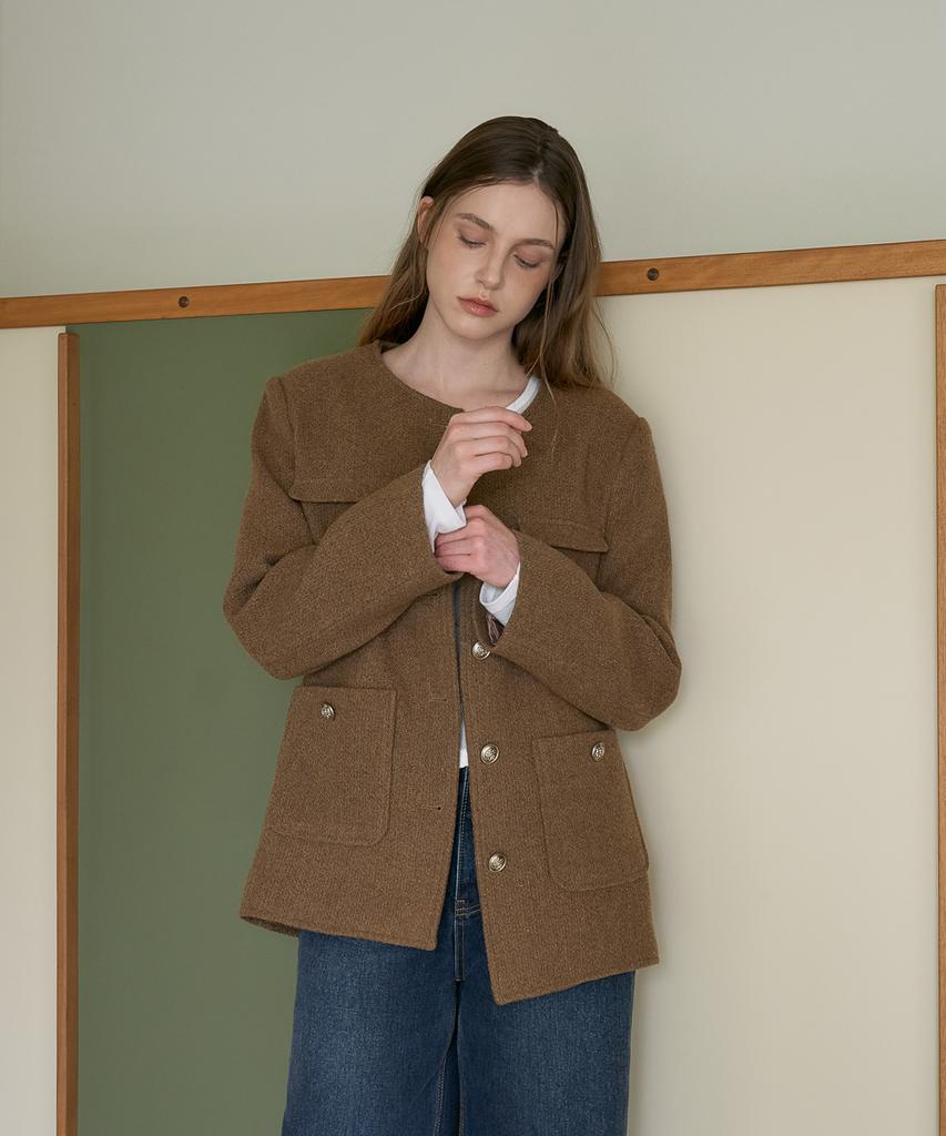 DEHEVE Classic Wool Collarless Jacket [Brown]