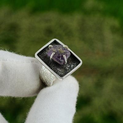 Natural Amethyst Rough Gemstone Promise Adjustable Ring 925 Silver For Women