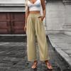 Women's Casual Fashion Solid Color Elastic Waist Pocket Wide Leg Straight Leg Cropped Pants