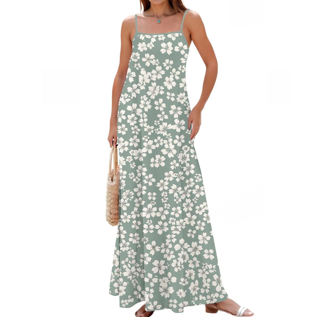 Women's Spring And Summer Casual Fashion Adjustable Suspender Printing Long Dress