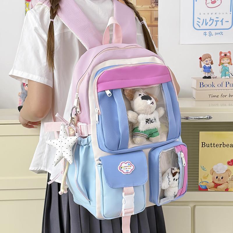 Color Block Student Schoolbag Multi-functional Large Capacity Backpack Lightweight Travel Backpack