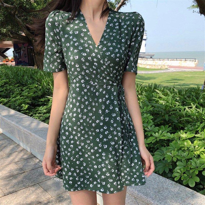 

V-neck Floral Skirt Wrap Lace-up Waist Dress WOMEN S Summer Green M