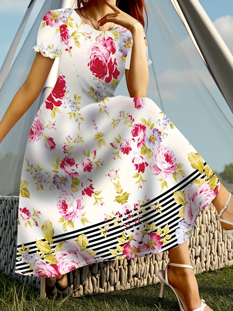 Elegant plus-size fitted dress with round neck short sleeves, floral pattern, medium stretch