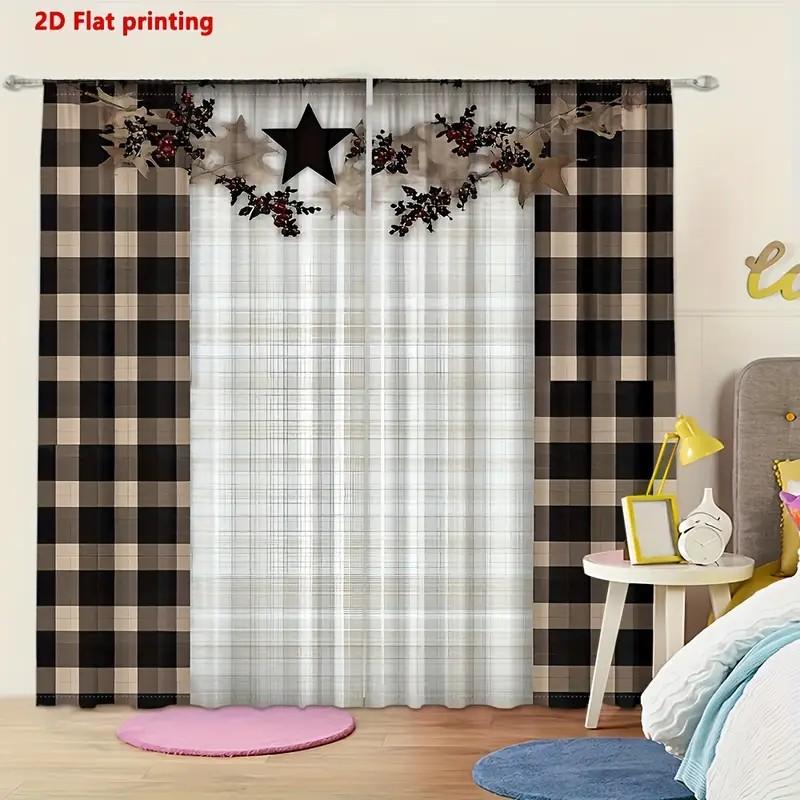 2pcs Plaid Star Design Curtains   Room Darkening Fabric Rod Pocket Curtain   Christmas Window Decor   Farmhouse Decor