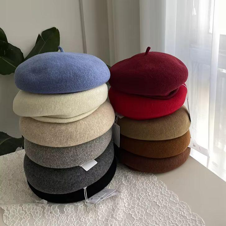 Winter Warm High Quality Australian Wool Roll Edge Beret Cap Women'S Winter Elegant Dome Solid Color Wool Painter Hat