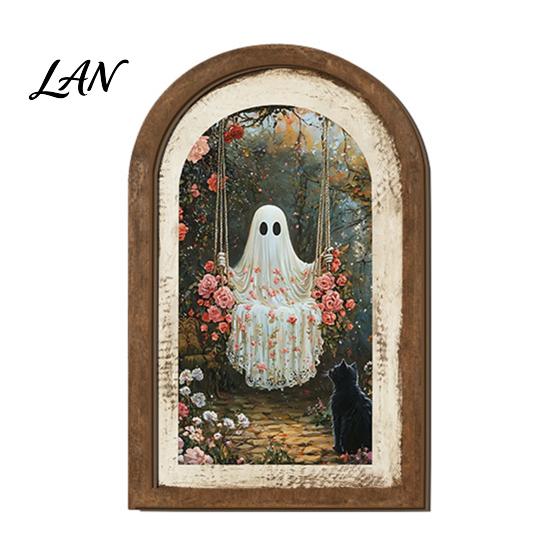 Halloween Entrance Cabinet Decor Ghost/Witch Arched Wall Decor, Cute Ghost Table Sign, Rustic Farmhouse Shelf Retro Room Decorative Hanging