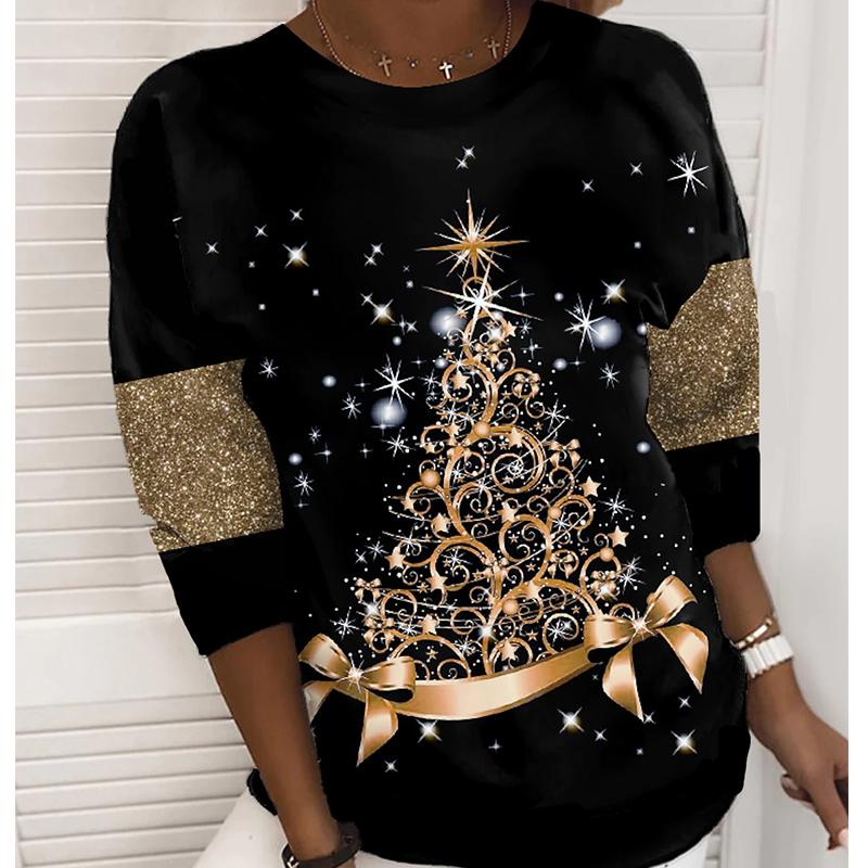 

Футболки с 3D принтом «Звездная рождественская елка», женские топы, пуловер с длинными рукавами и круглым вырезом, женские футболки, футболка для женщин 2XL золотой