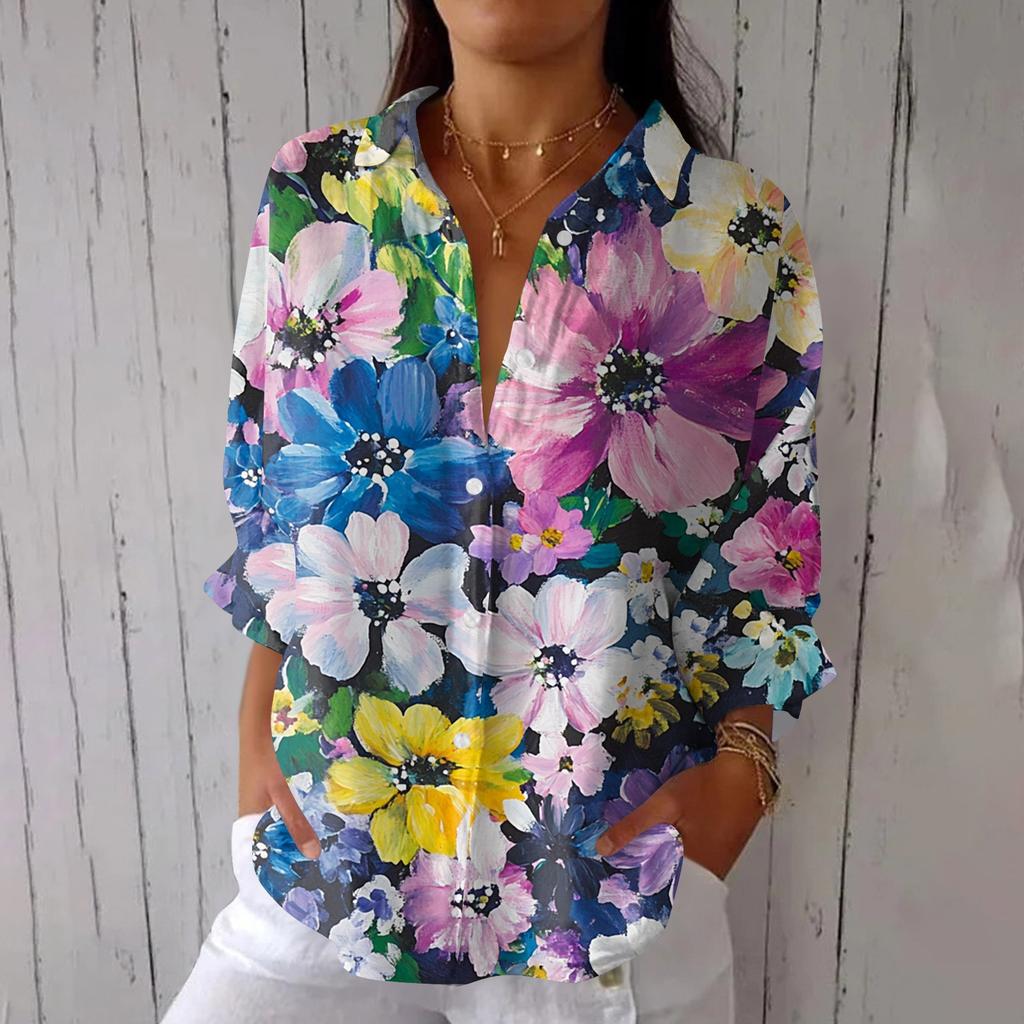 Women's Fashion 3/4 Sleeve Casual Lapel Back Tie- Floral Print T-Shirt Top