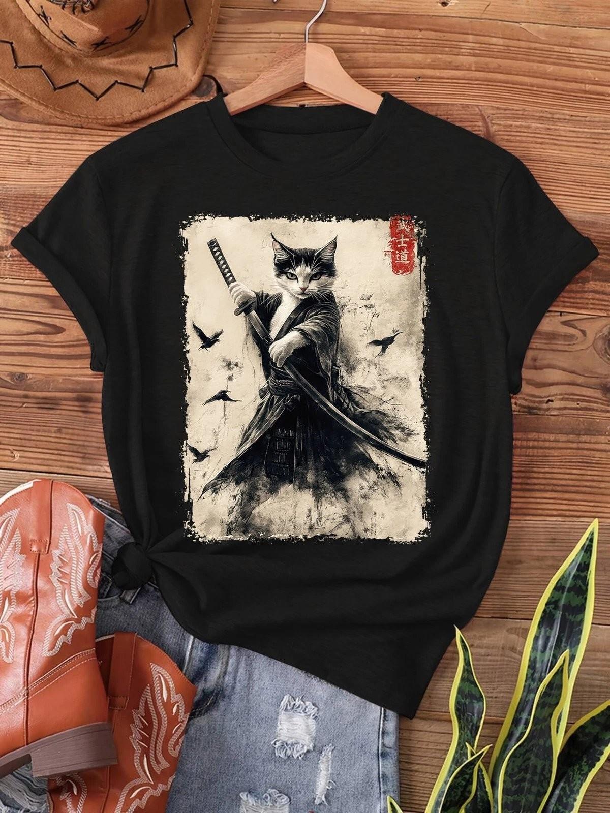 Japanese Samurai Cat Sword Graphic Tee Womens Vintage Anime T-Shirt L