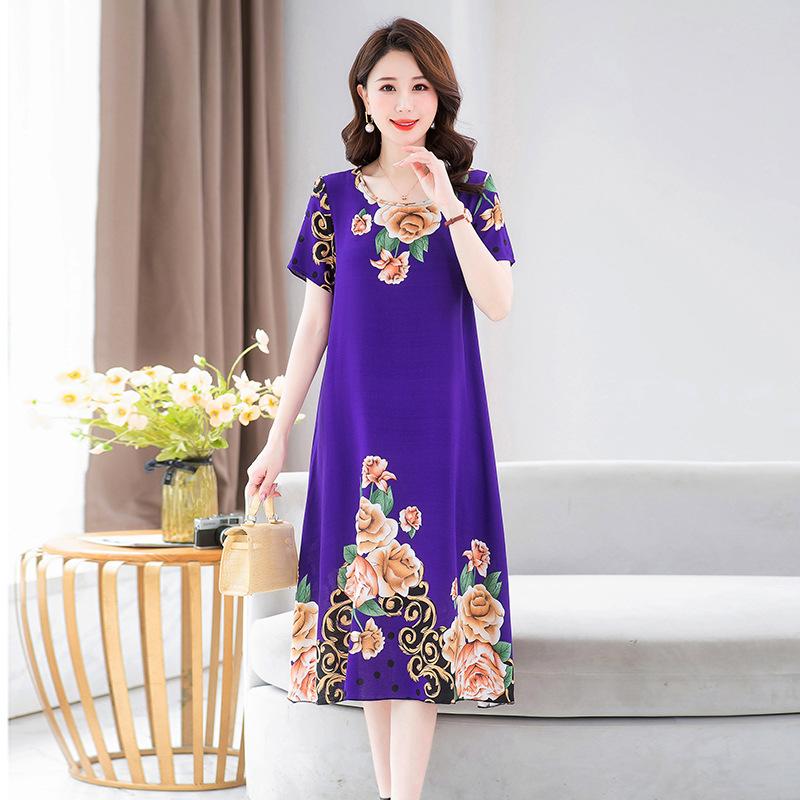 Women's Half Sleeve Print A-Line Dress Crew Neck Loose Waist Casual Summer Midi Rayon Dress For Middle-Aged Mothers Multiple Colors Optional