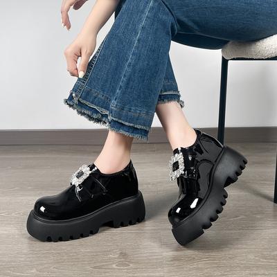Women's Patent Leather Rhinestone Platform Single Shoes Spring New Black Inner Increase · Height Small Leather Shoes