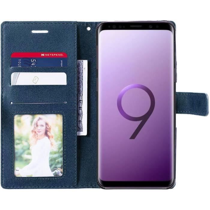 Coque pour Samsung S9 avec 2 Verres Trempés - Protection Effet Cuir Bleu Marine