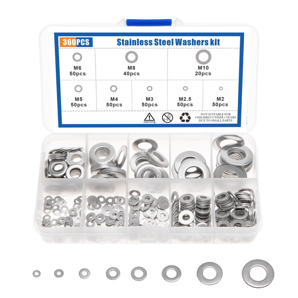 180/360/580Pcs 304 Stainless Steel Flat Washer Assortment Kit Plain Washer Oring Gasket Ring Set For Sump Plugs