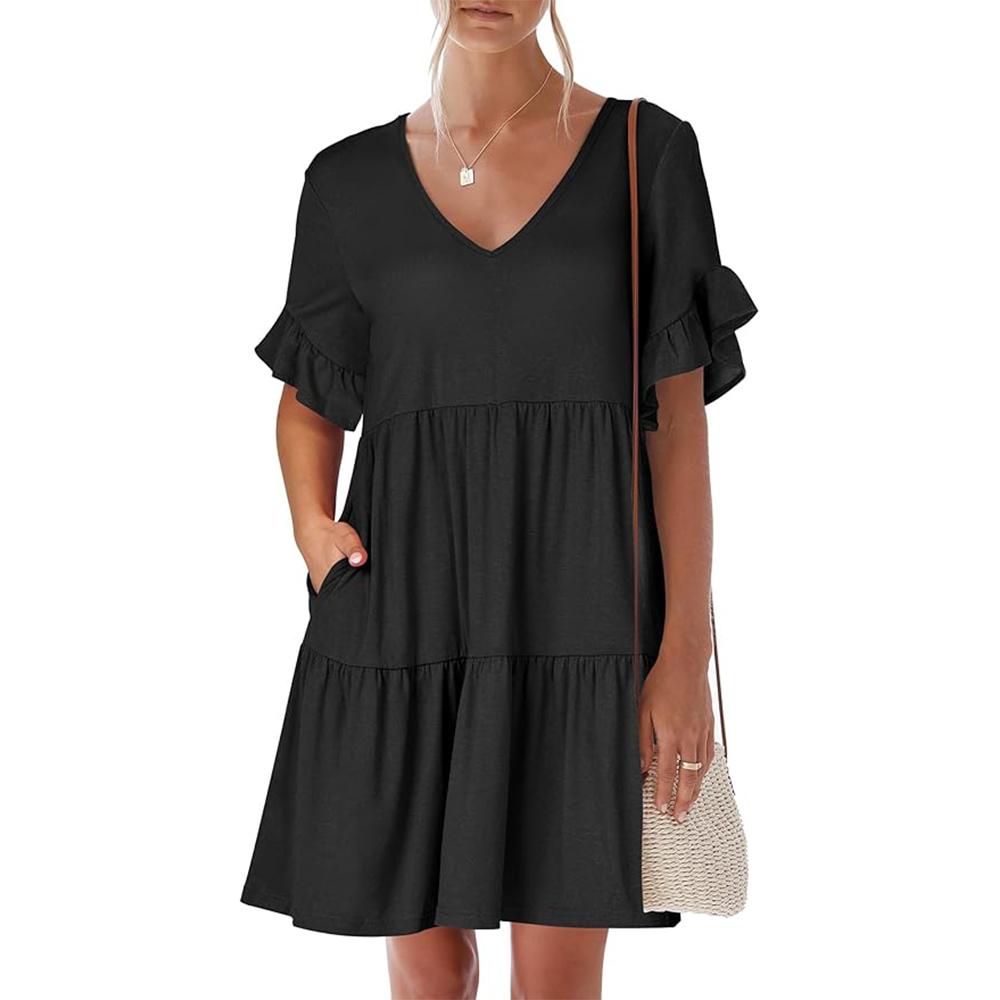 

Halter dress, summer lotus leaf sleeve pleated short-sleeved dress for women S чорний