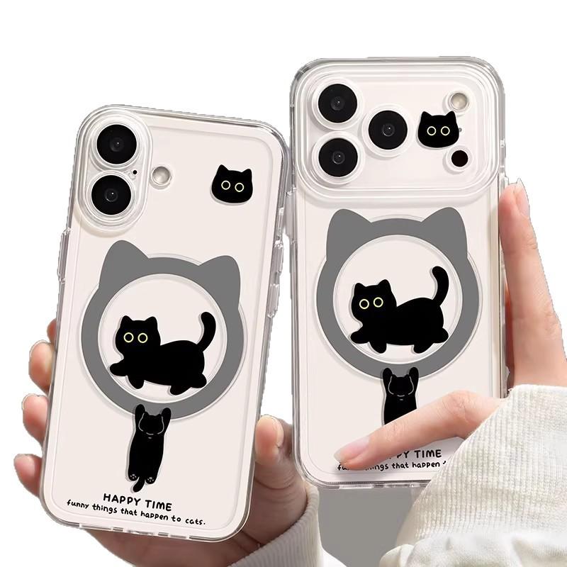 Black Cat Magnetic Suction Model Is Suitable for Apple 17 with Bracket iPhone16promax Transparent 14 Soft 15 Cute Mobile Phone Case
