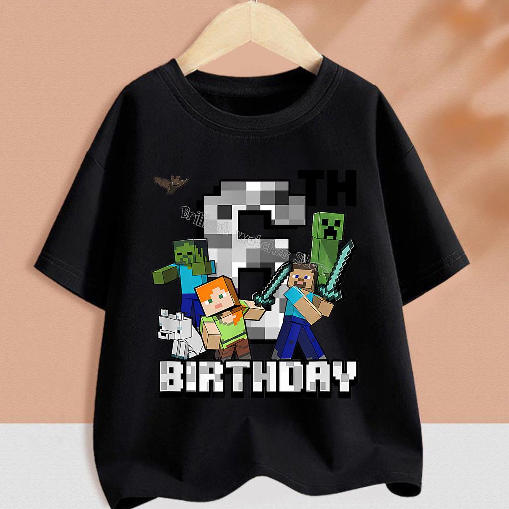 Hot Pixel Game T-shirt Birthday Number Clothes Round Collar Clothing Minecrafted Cartoon Short Sleeve Black Summer Tee Top Gift