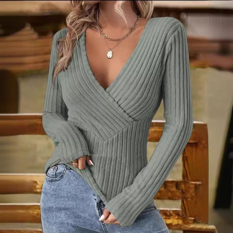 Damen Pullover & Langarmshirts Slim Fit Vielseitig Großer V-Ausschnitt Elastisch Gestrickt Rippstrick Langarm T-Shirts