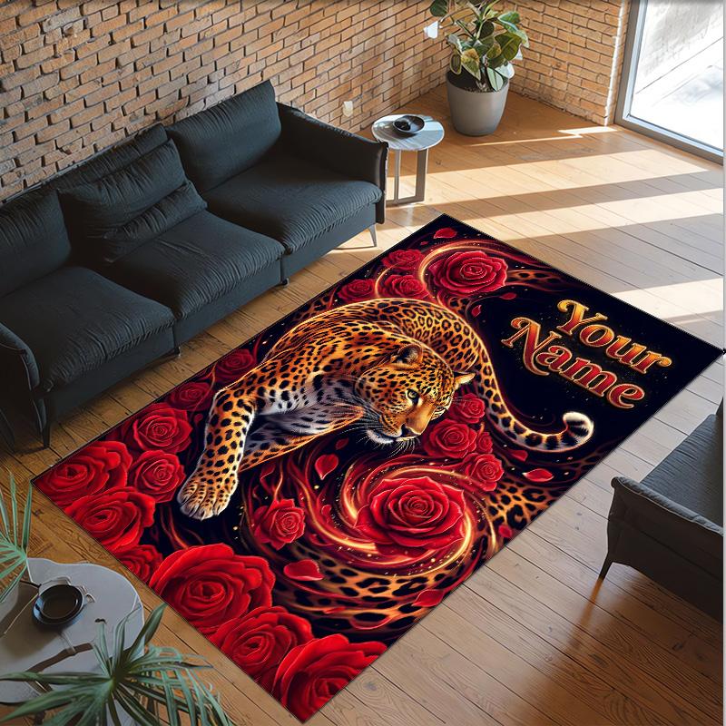 Leopard Theme Crystal Velvet Floor Rug Personalized Custom Name Text Warm Carpet Home Decoration