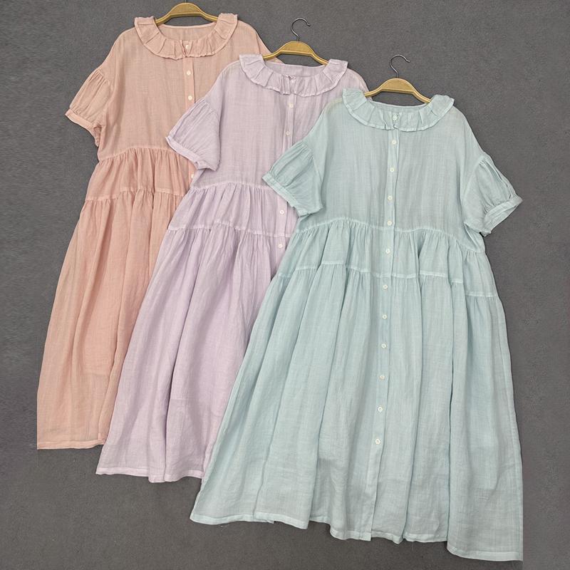 Johnature Japanese Ruffle Neck Dress Women Summer Mori Women Loose Casual Simple Solid Color Dresses