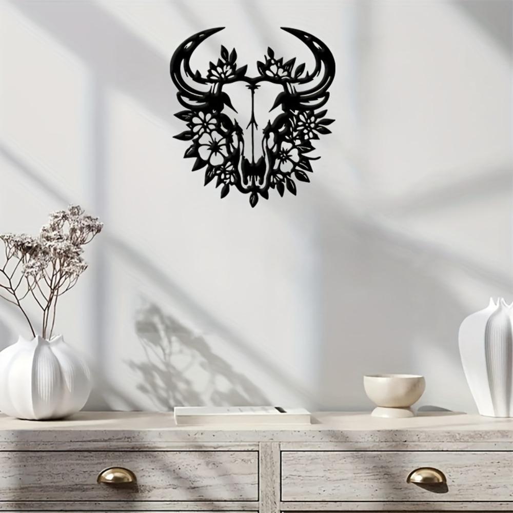 Metall Wandkunst Stierschädel mit Blumen, Schwarzes Florales Design, Thanksgiving Einweihungsgeschenk, Schlafzimmer Wohnzimmer Bar Dekor