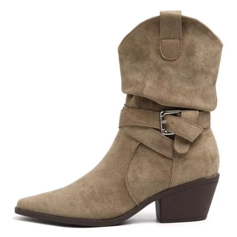 Retro Style Western Cowboy Boot Women's Chunky High Heel Square Head Short Knight Boot Belt Buckle Pile Boot Low Heel Shoes