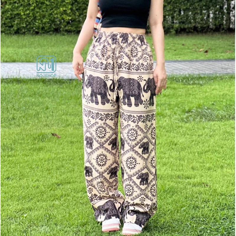 Elephant Pants Women Men Unisex Premium Japanese Silk Print Thailand Casual Streetwear Beach Bohemian Retro Vintage Adjustable Rope Loose Legs