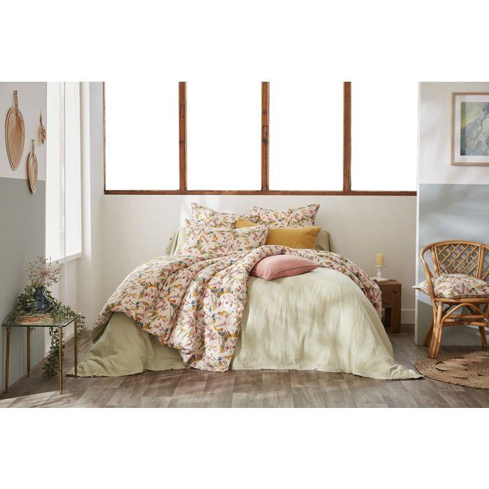 Housse De Couette - CLARENCE - 240 X 260 Cm - Double Gaze De Coton - Motif Floral - Vert D’eau