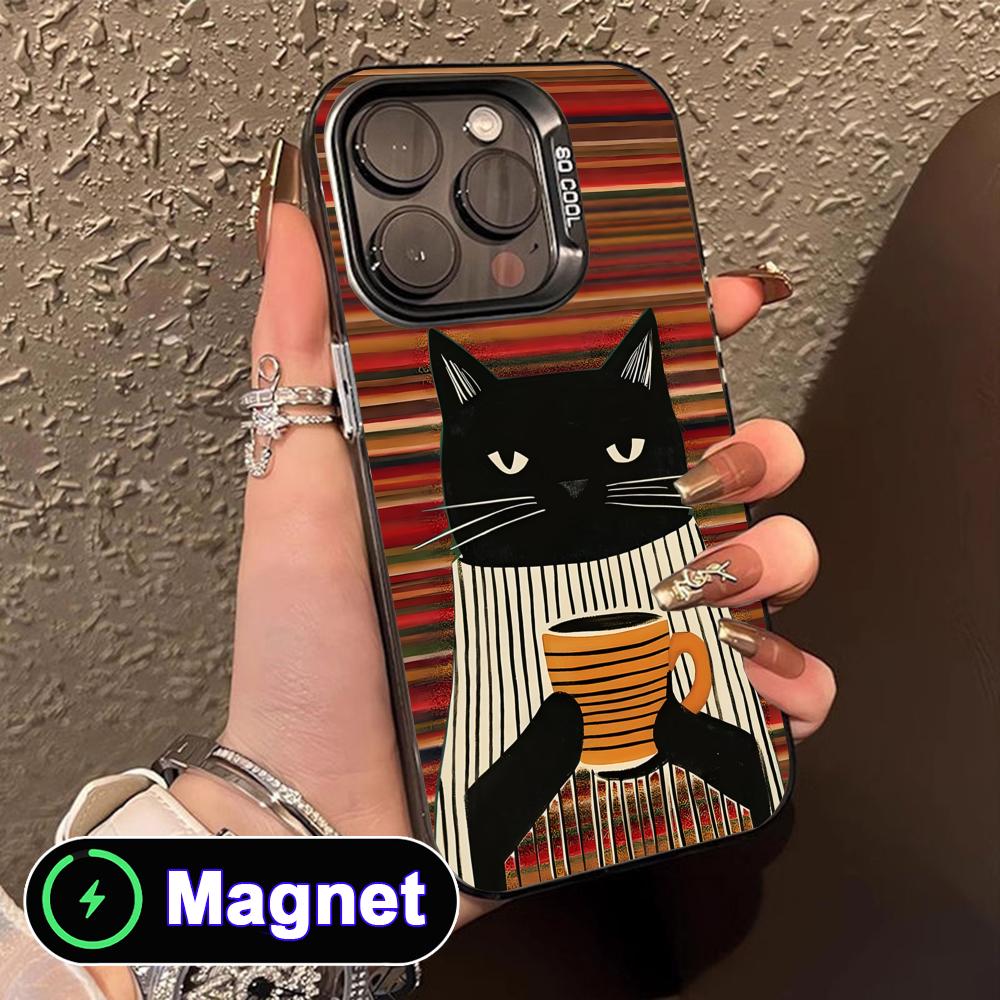 Cute Coffee Cat Translucent MagSafe Mobile Phone Case for iPhone 17 16 15 14 13 12 11 Air Pro Max Plus Colorful Cover
