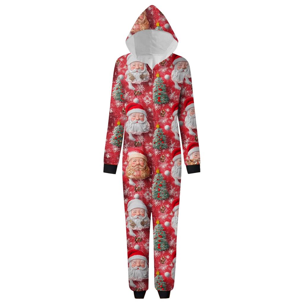 Christmas Print Parent-Child Outfit Hooded Zipper One-Piece Fashionable Home Suit Set