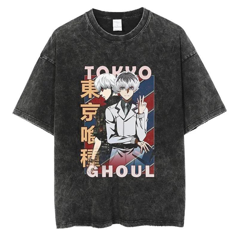 Horké Anime Tokyo Ghoul Grafické Prané Tričko s Pavoučí Lilií Pánské Vintage Trička Y2k Bavlněné Tričko Harajuku Pánské Ležérní Topy