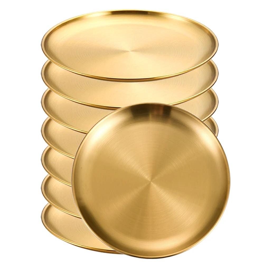 8Pcs Stainless Steels Round Golden Shallow Tray Plate Rust-Proof 14/17/20/23/26cm Camping Plate BBQ Picnic Dishes Cookware