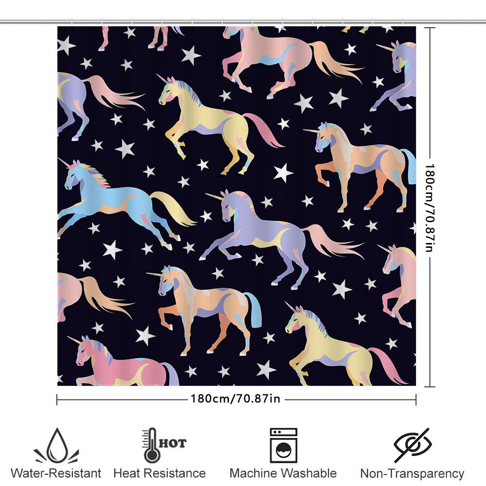 Stylish Unicorn Shower Curtain Waterproof Fabric Bath Decor Blue Background with Stars Pattern Bathroom Linen Decoration for Hom