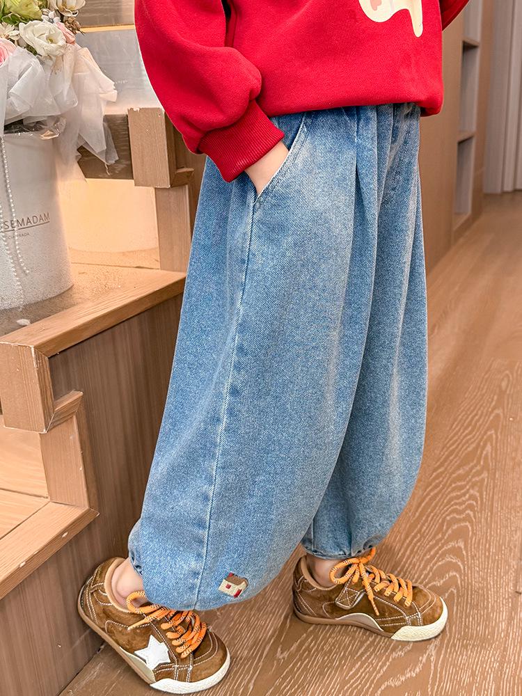 Girls' Soft Denim Lantern Jeans with Bow Embroidery - Baby Girl Fashionable Korean Style Pants for Spring and Autumn
